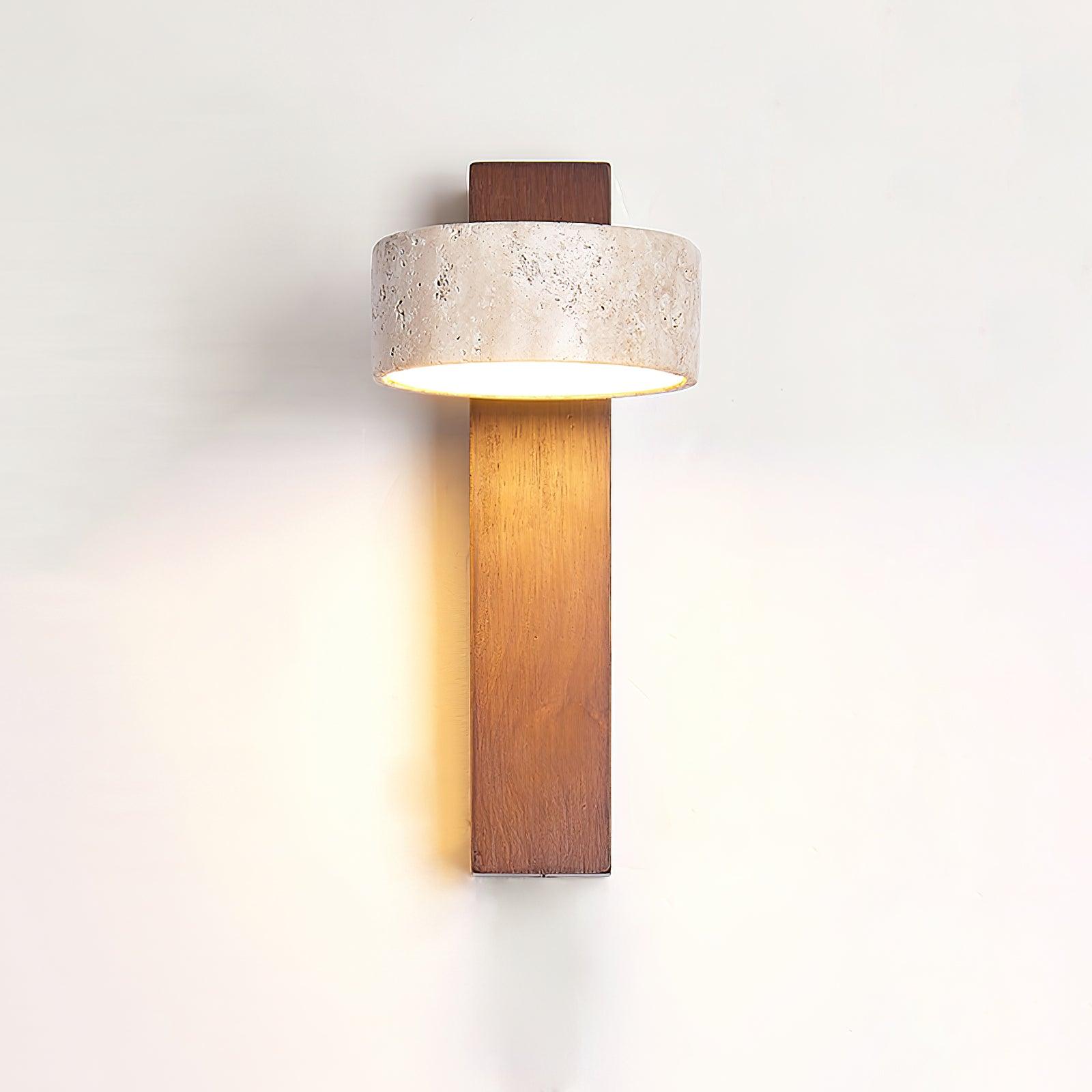 LED Wall Light With Travertine Shade And Wood Base Panel