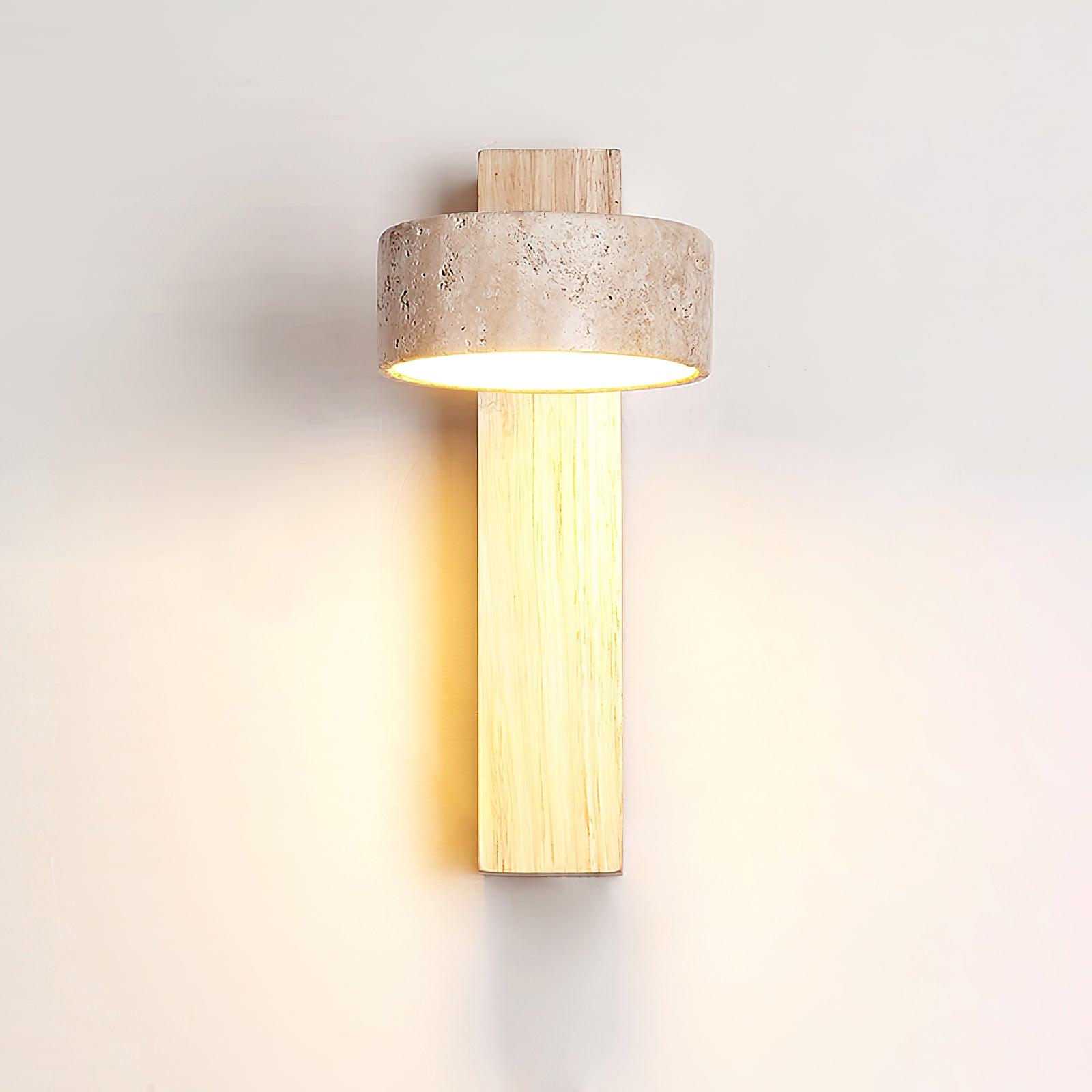 LED Wall Light With Travertine Shade And Wood Base Panel