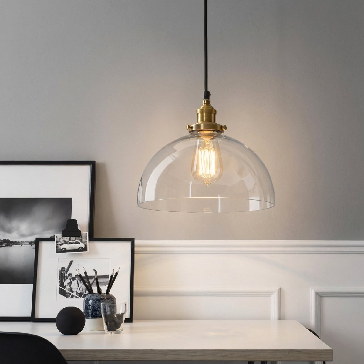 Industrial Style Pendant Light With Glass Dome Fixture