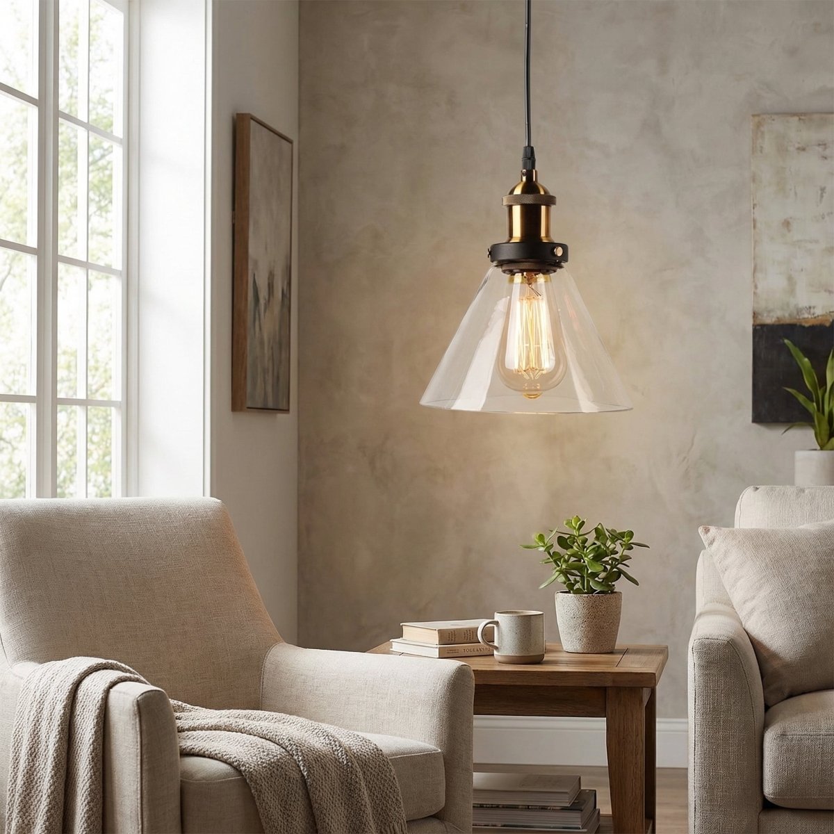 Industrielle Glas-Pendelleuchte mit klarem Schirm und Vintage-Metallfassung