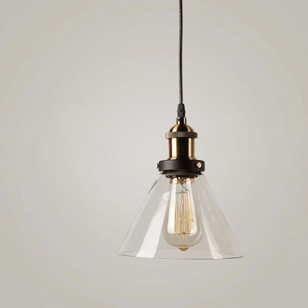Industrielle Glas-Pendelleuchte mit klarem Schirm und Vintage-Metallfassung