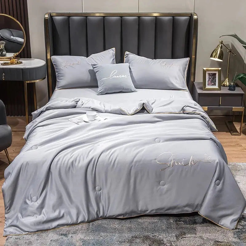 Lightweight Summer Quilt Set | 100% Washed Silk with Elegant Embroidered Design | Comfortable Cooling for Warm Nights 11