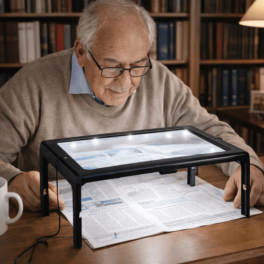 LuminaFold sammenleggbar 3x forstørrelsesglass med LED-belysning for eldre som leser uten å bruke hendene