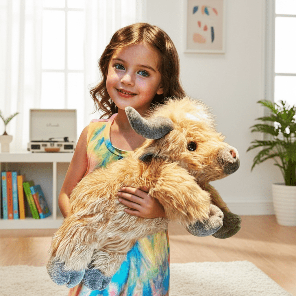 Meadowcrest Highland Cattle Plush Toy, Soft Cuddle Companion For Kids, Rustic Charm