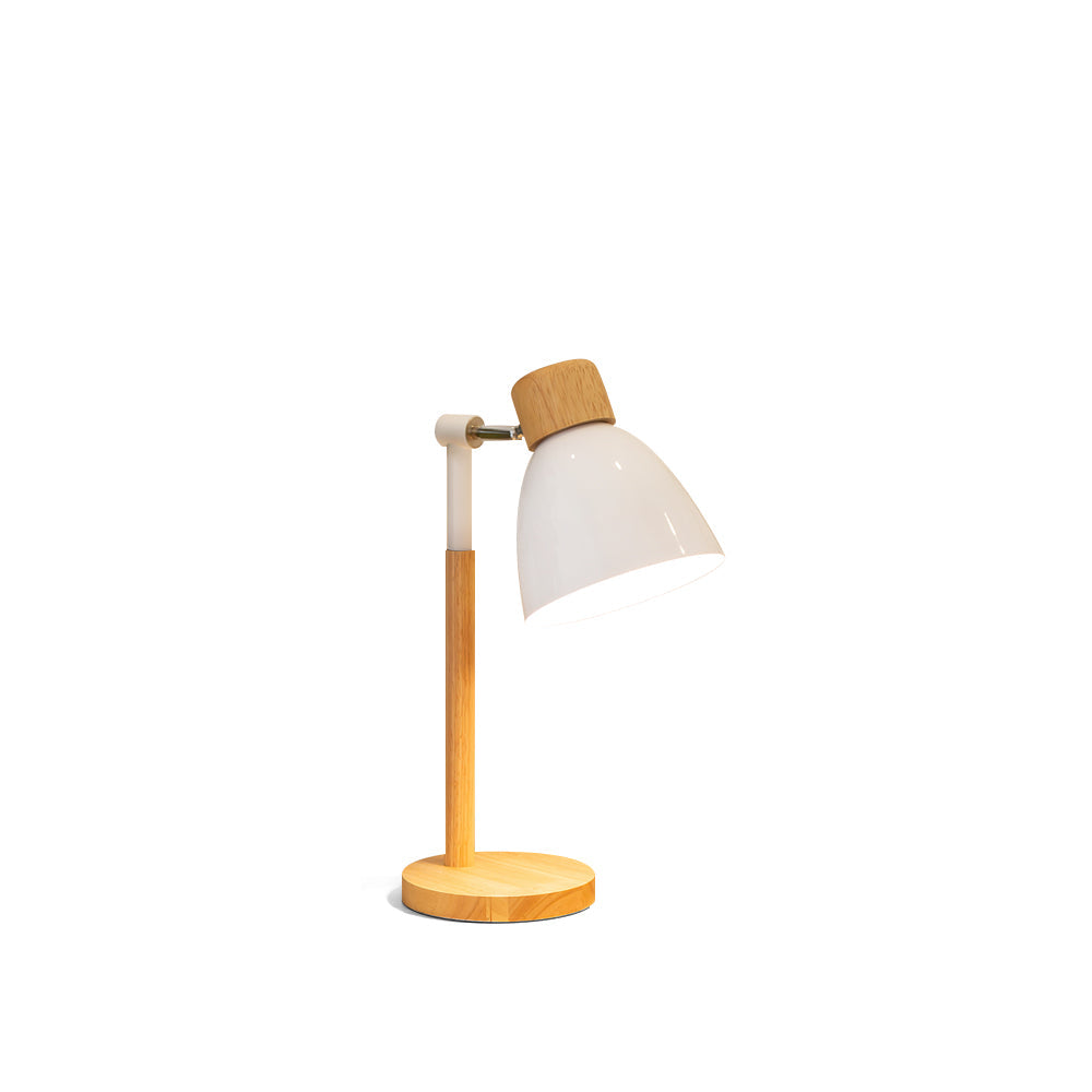 Drewniana lampa stołowa Kirrea w kolorze makaronowym żółtym z nordycką podstawą