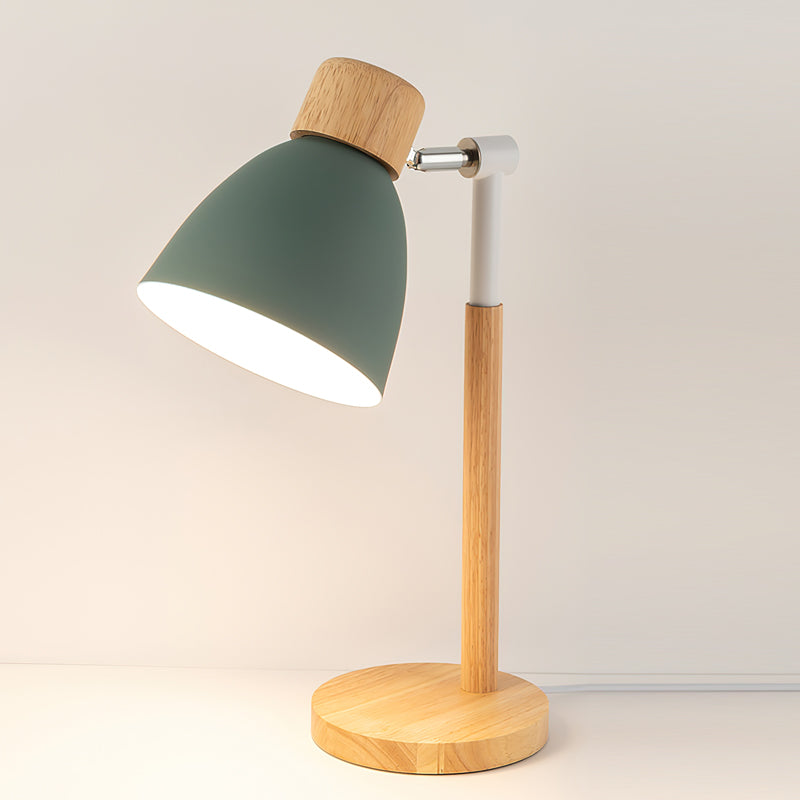 Drewniana lampa stołowa Kirrea w kolorze makaronowym żółtym z nordycką podstawą