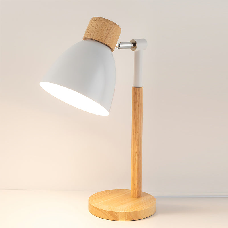 Drewniana lampa stołowa Kirrea w kolorze makaronowym żółtym z nordycką podstawą