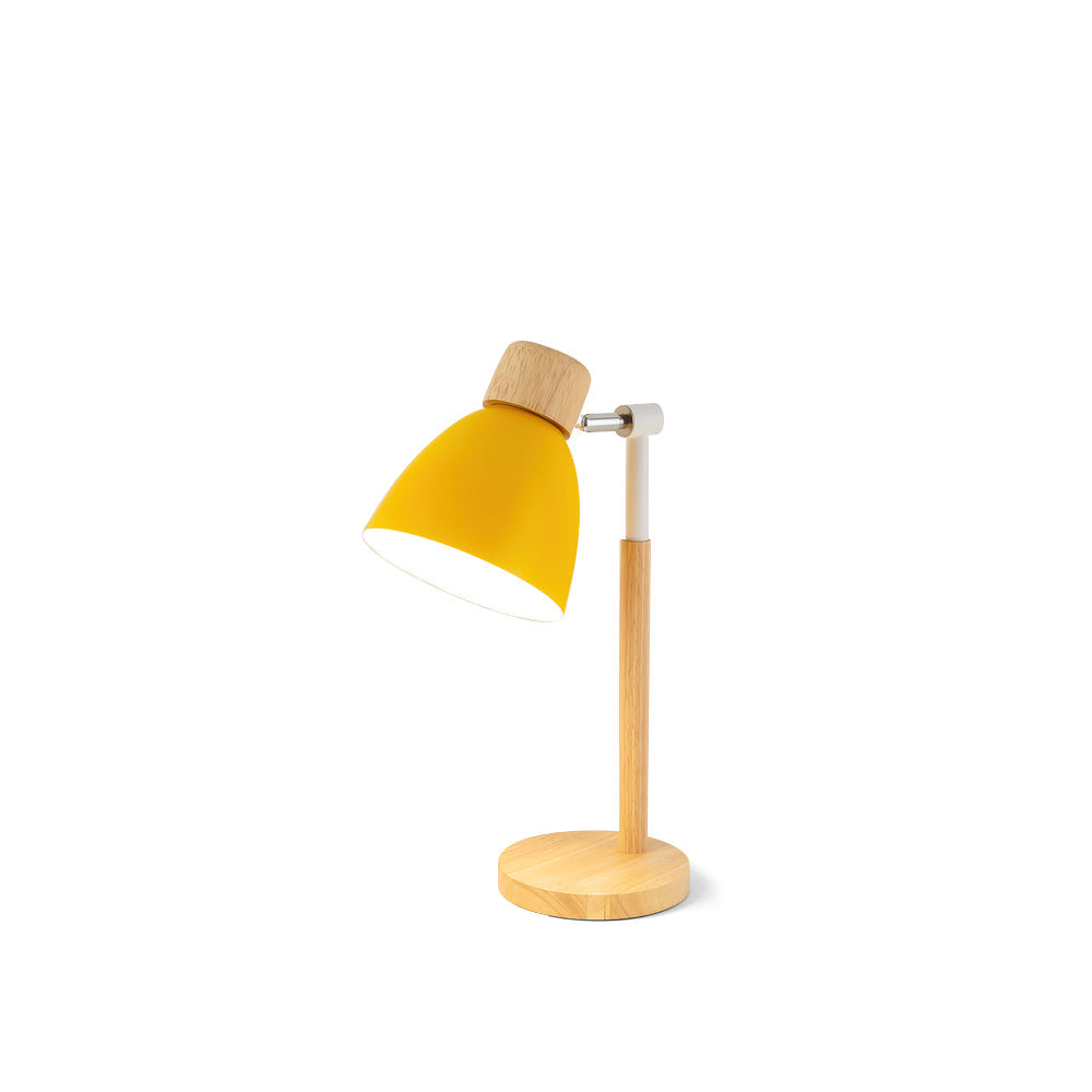 Drewniana lampa stołowa Kirrea w kolorze makaronowym żółtym z nordycką podstawą
