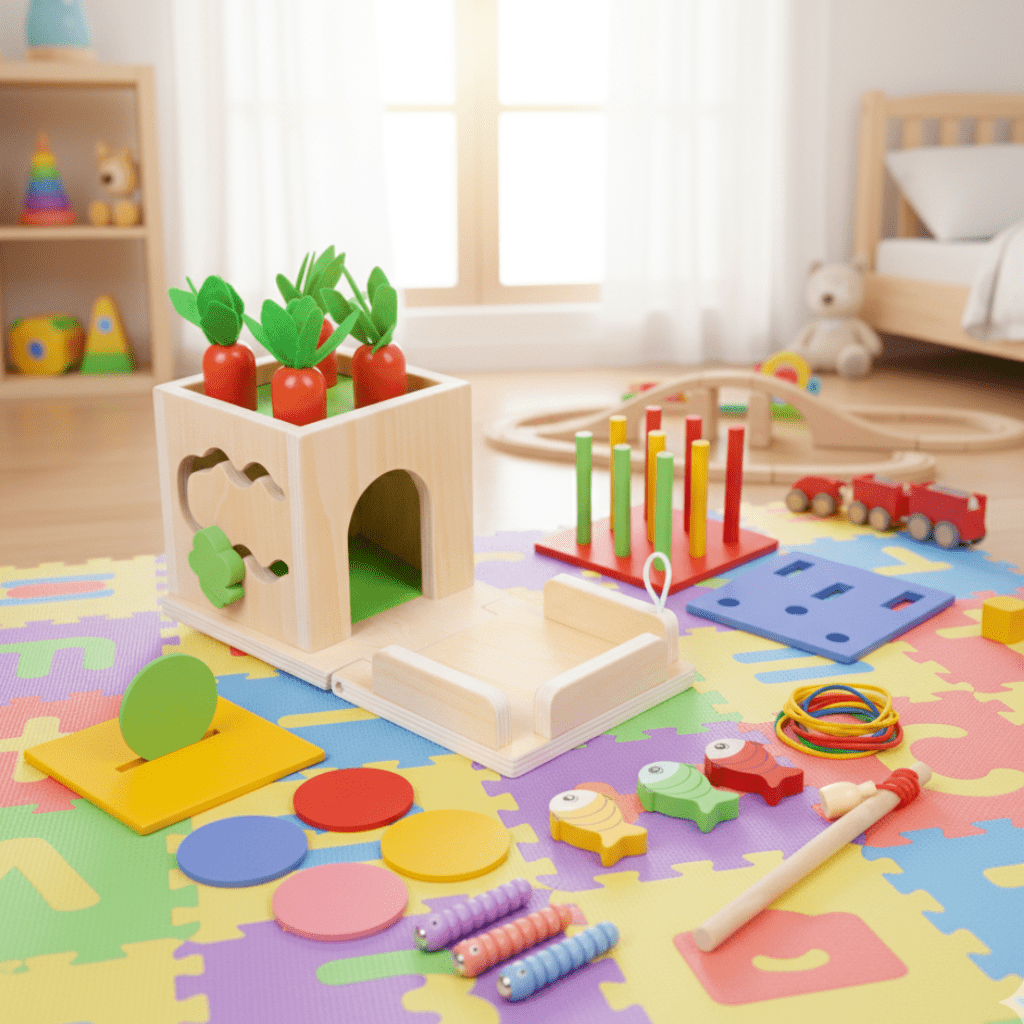 DiscoveryCube Montessori játékdoboz babáknak 6 hónapos kortól, 8 tevékenységgel