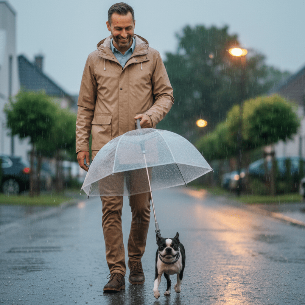 AquaShield Átlátszó Kutya Esernyő, amely szárazon tartja a kutyákat és láthatóvá teszi őket a gazdik számára