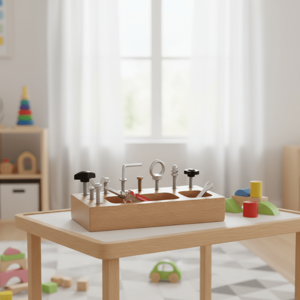BrightTrail Foglalkoztató tábla valódi szerszámokkal gyerekeknek 3 éves kortól, gyakorlati Montessori tanuláshoz