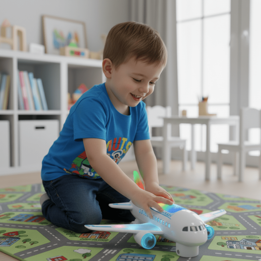 Avião Elétrico de Brinquedo AeroPulse LED com Rotação de 360 Graus e Música para Crianças
