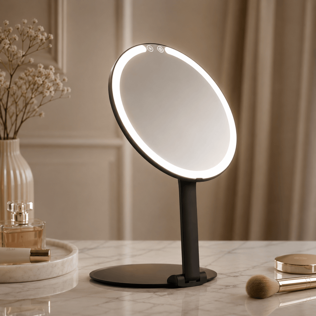Wiederaufladbarer 8-Zoll-LED-Schminkspiegel für unterwegs mit klappbarem Ständer