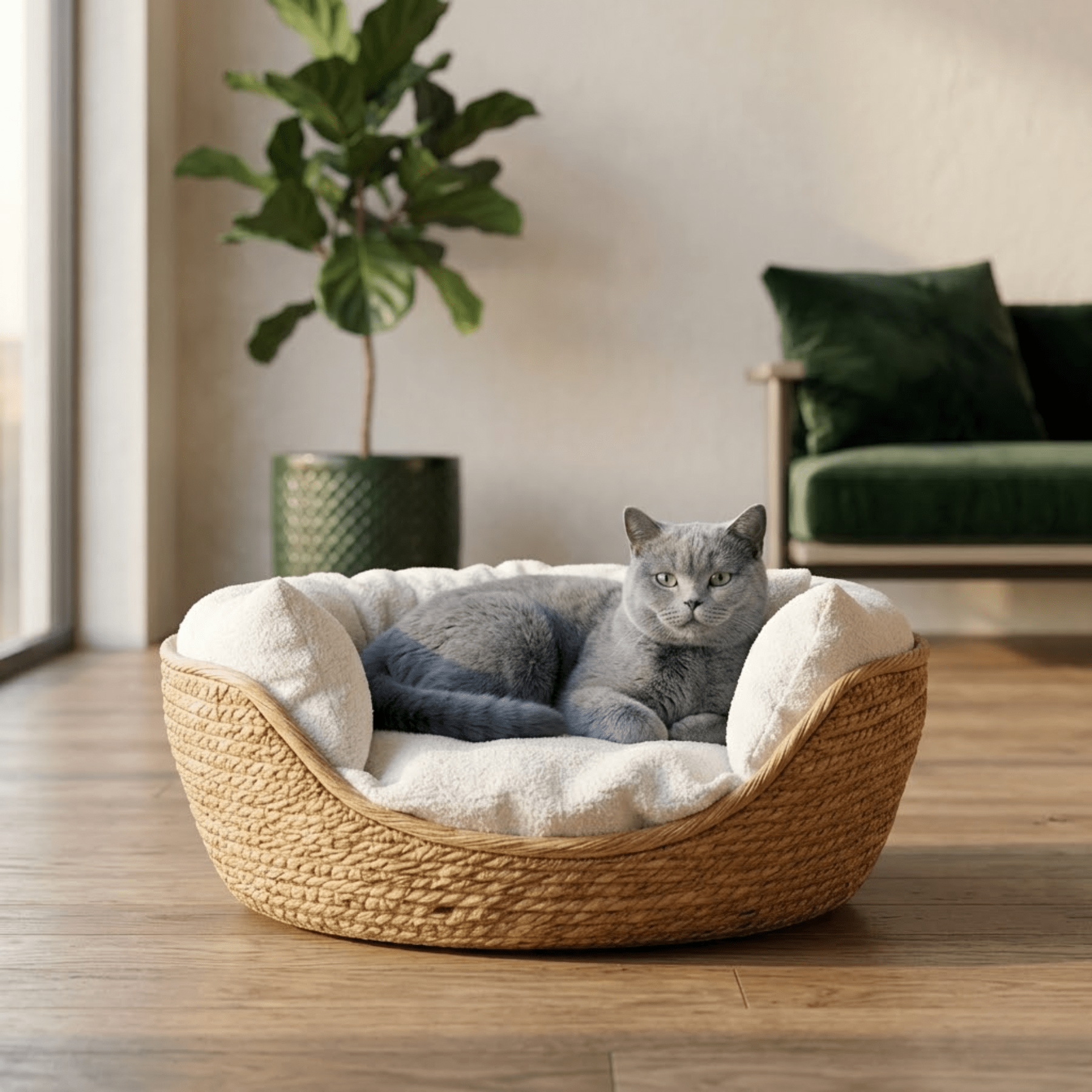 Compagnien Woven Bamboo Frame Cat Bed With Soft Cotton Cushion