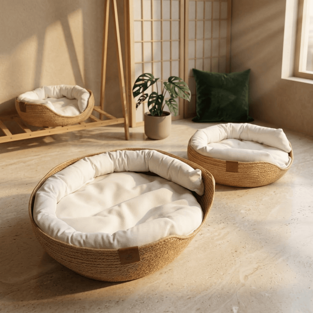 Compagnien Woven Bamboo Frame Cat Bed With Soft Cotton Cushion