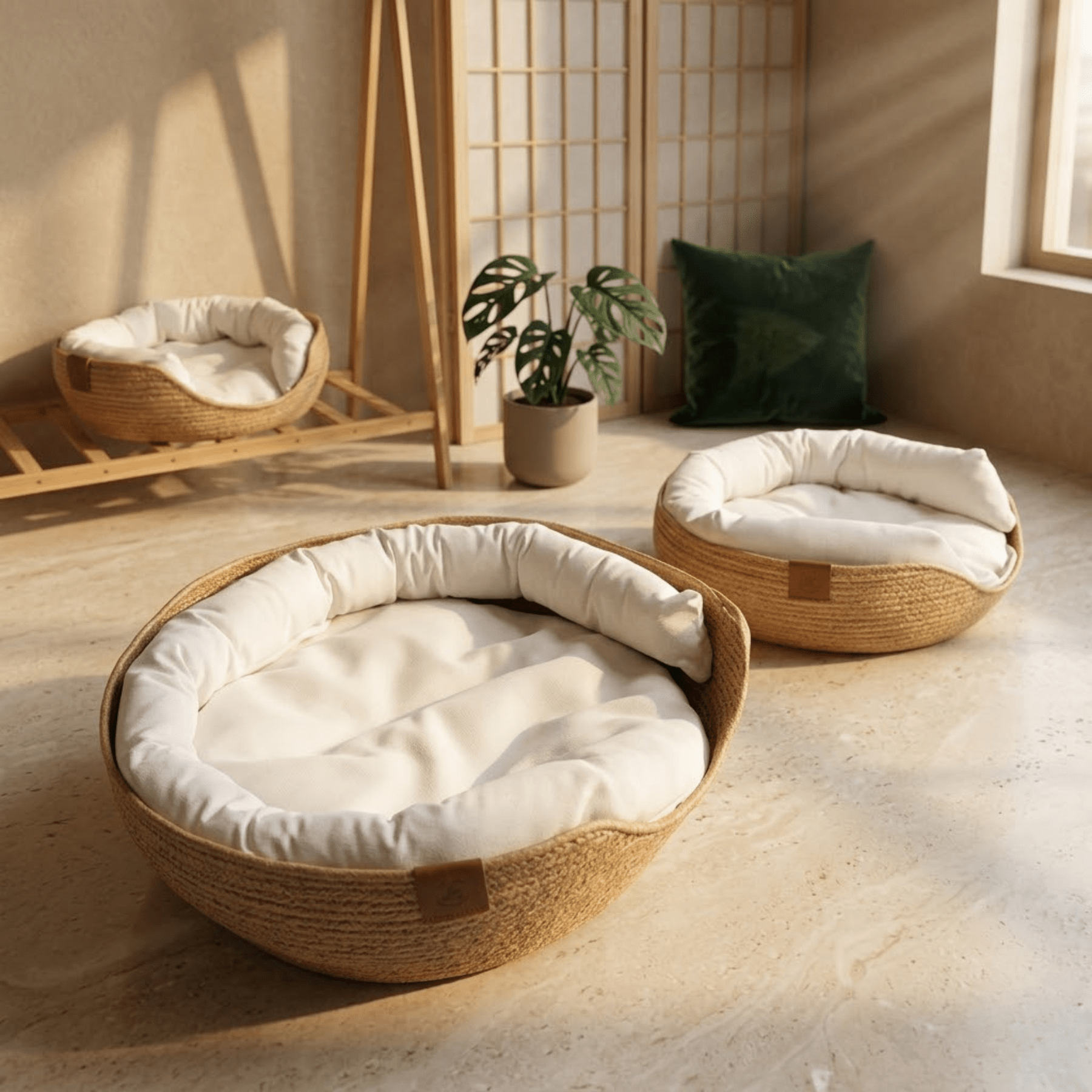 Compagnien Woven Bamboo Frame Cat Bed With Soft Cotton Cushion