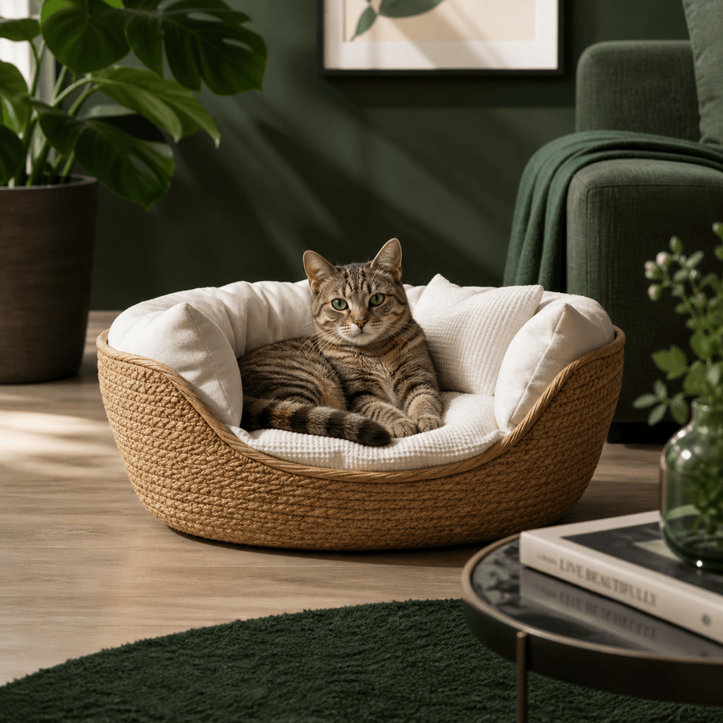 Compagnien Woven Bamboo Frame Cat Bed With Soft Cotton Cushion