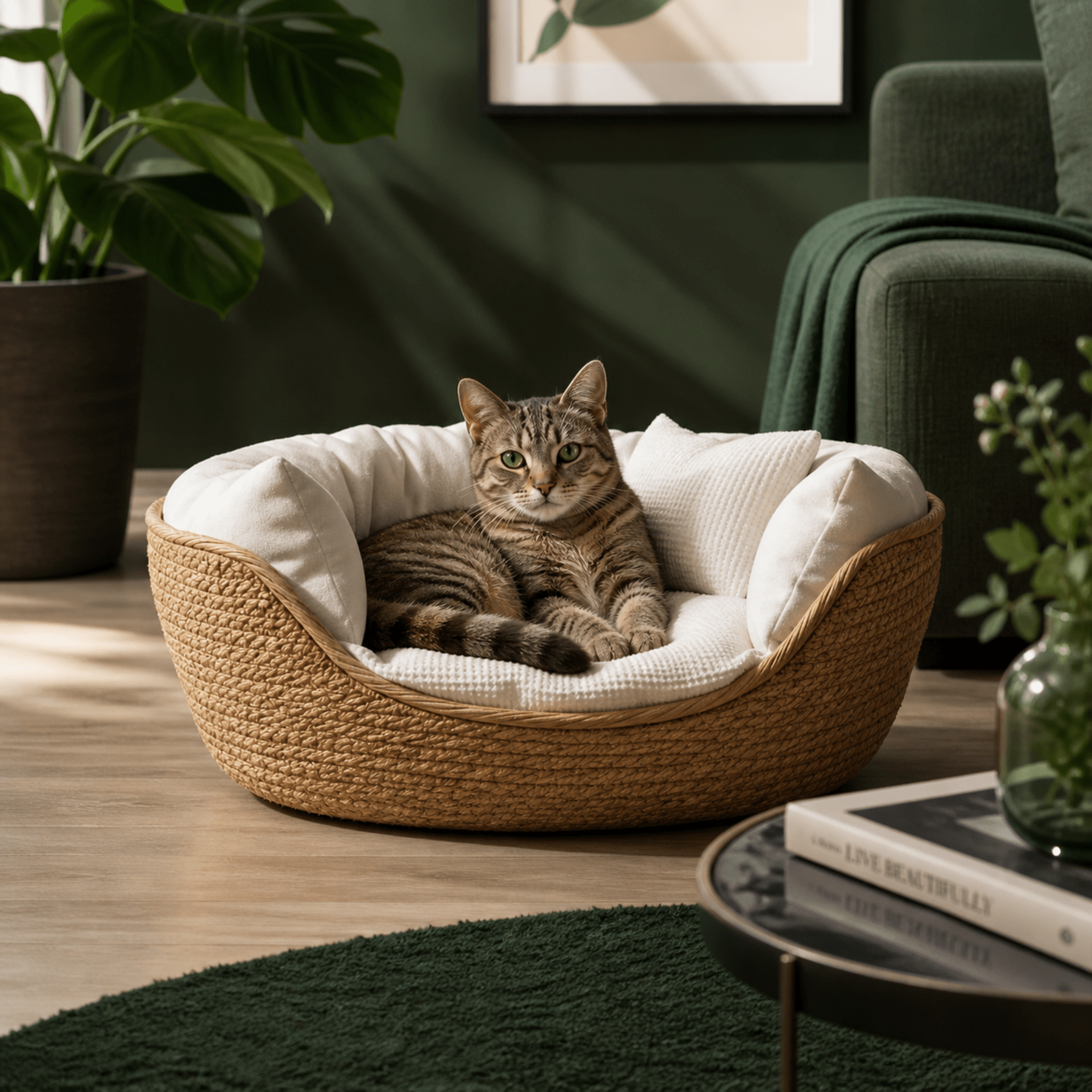 Compagnien Woven Bamboo Frame Cat Bed With Soft Cotton Cushion