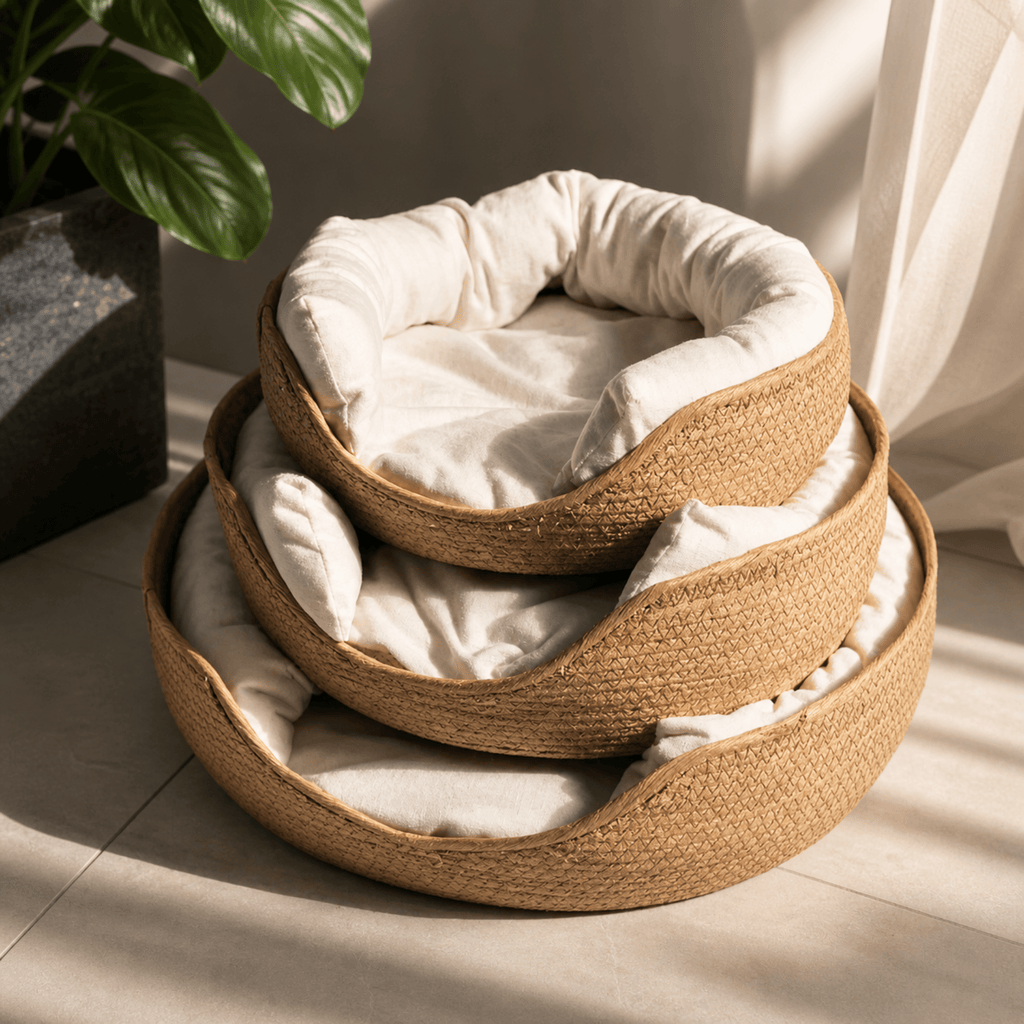 Compagnien Woven Bamboo Frame Cat Bed With Soft Cotton Cushion