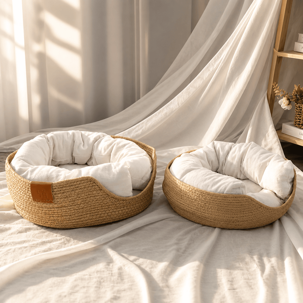 Compagnien Woven Bamboo Frame Cat Bed With Soft Cotton Cushion