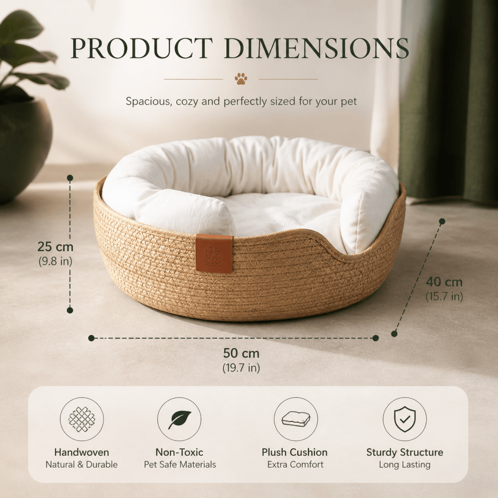 Compagnien Woven Bamboo Frame Cat Bed With Soft Cotton Cushion