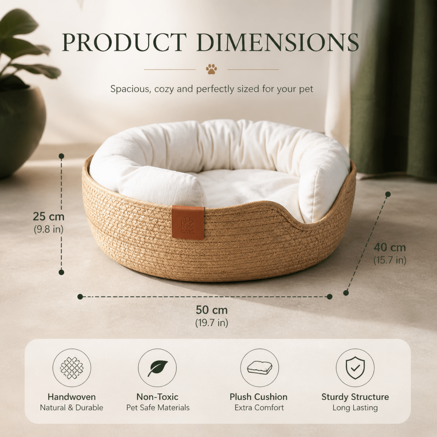 Compagnien Woven Bamboo Frame Cat Bed With Soft Cotton Cushion