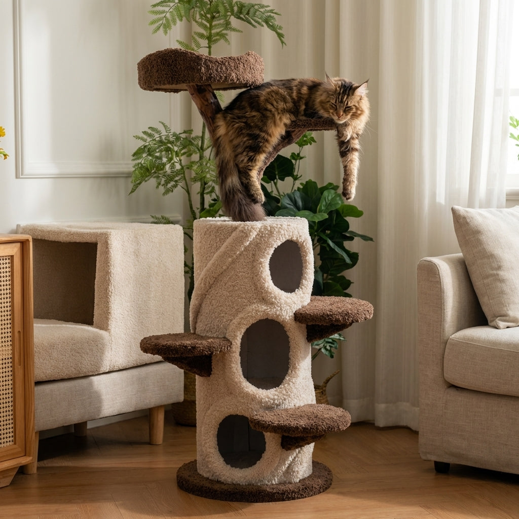 Solid Wood Multi-Level Cat Tree With Platforms And Hideaway, 3 Sizes