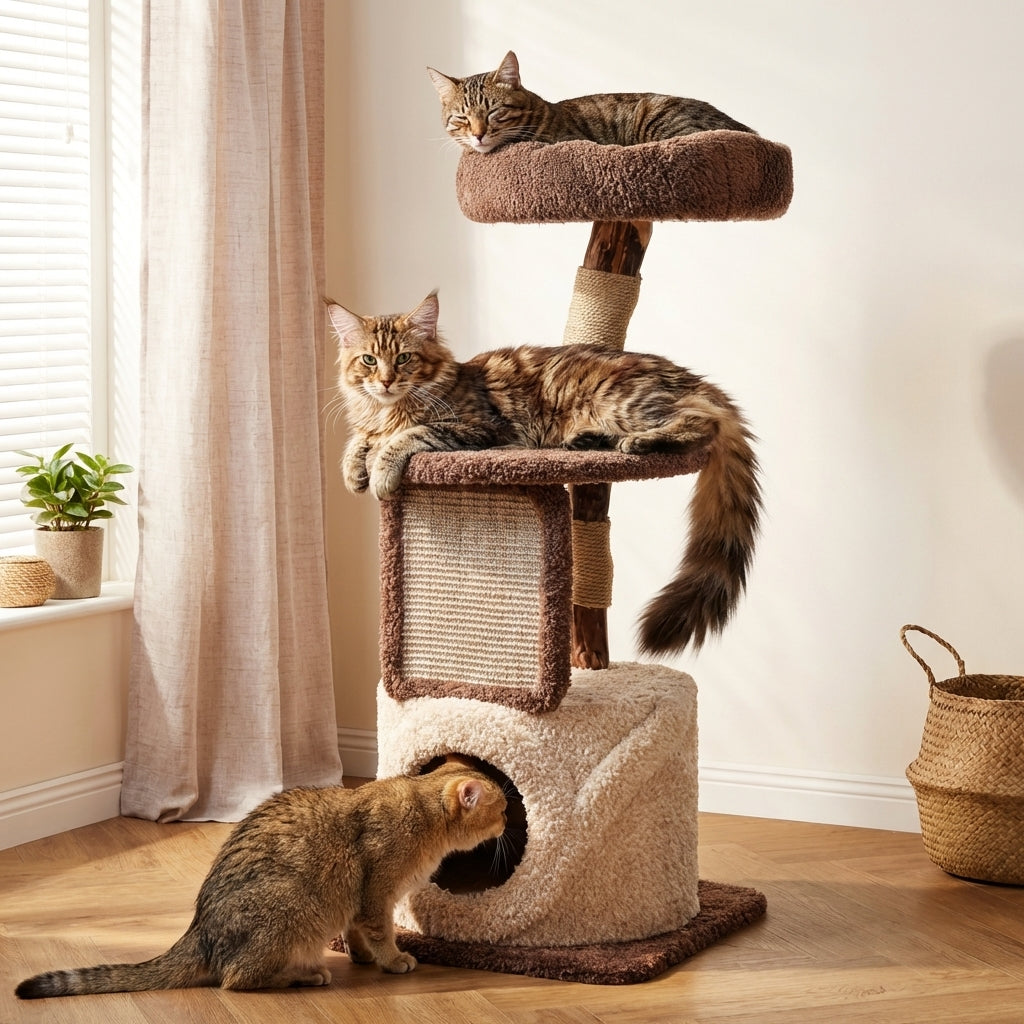 Solid Wood Multi-Level Cat Tree With Platforms And Hideaway, 3 Sizes