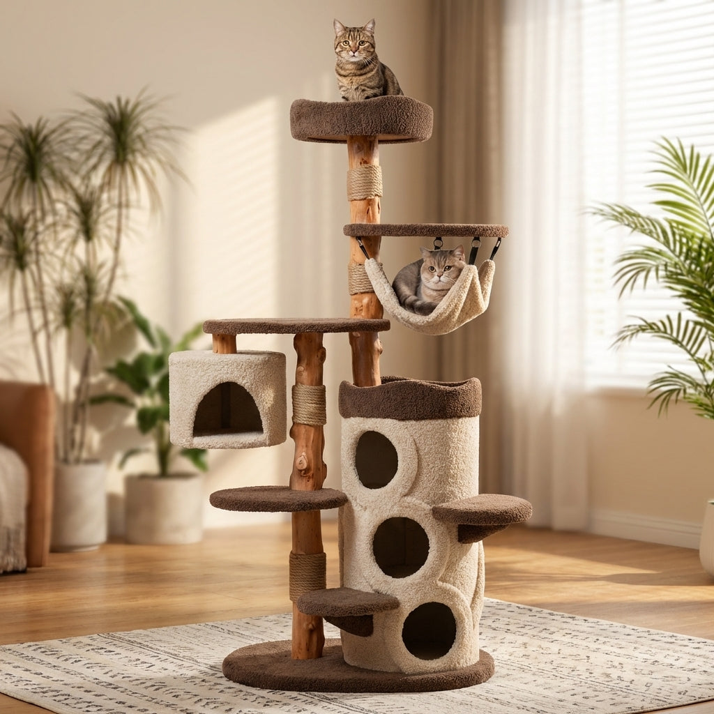 Solid Wood Multi-Level Cat Tree With Platforms And Hideaway, 3 Sizes