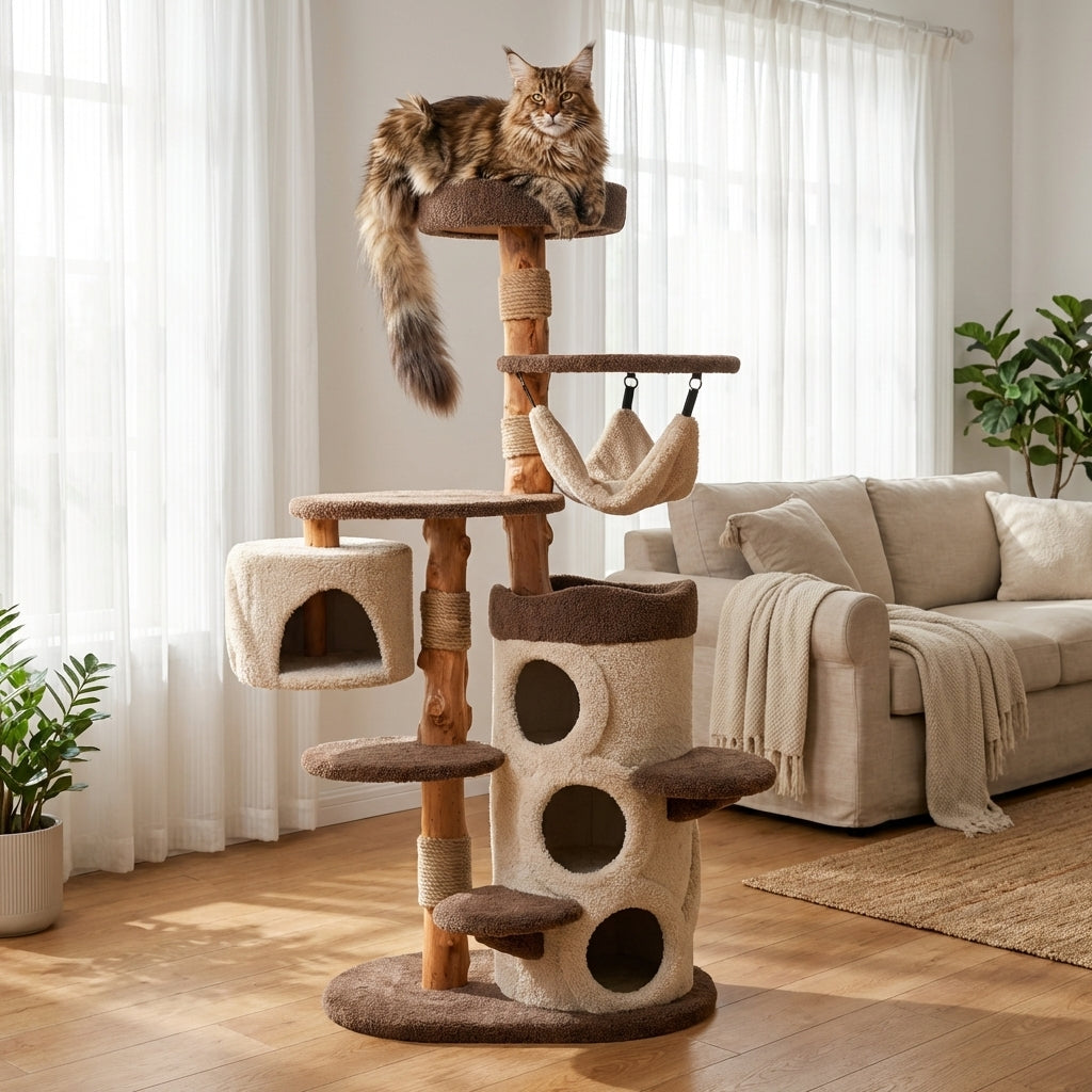 Solid Wood Multi-Level Cat Tree With Platforms And Hideaway, 3 Sizes