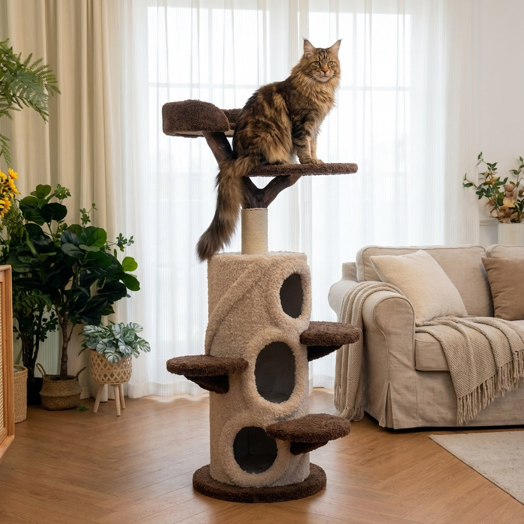 Solid Wood Multi-Level Cat Tree With Platforms And Hideaway, 3 Sizes