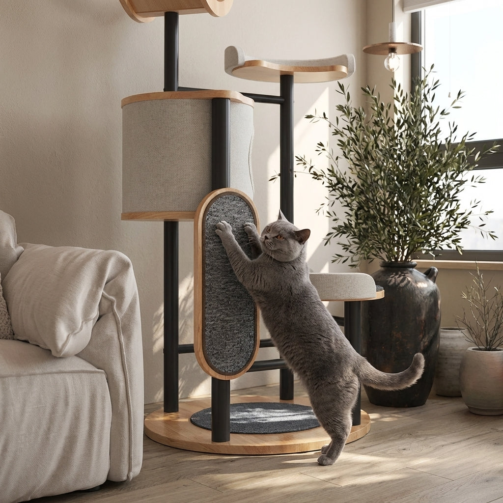 Kattenboom van rubberhout en staal met grot en krabplank, 70 x 96 x 167 cm