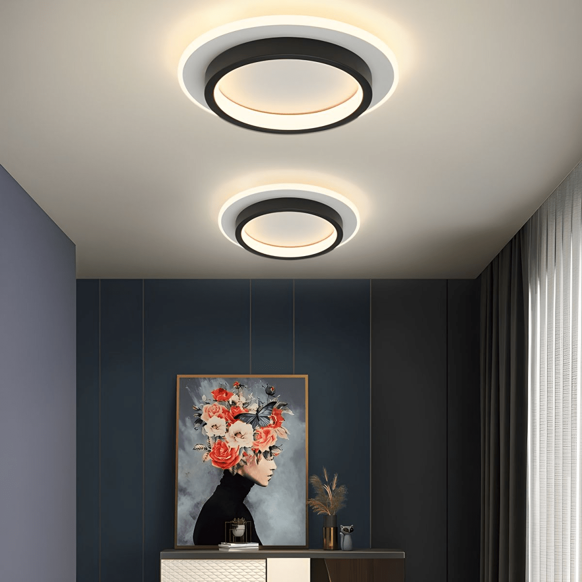 Luminária de Teto Metálica Multi-Camadas, Montagem Rasa de 12 Polegadas, Design Circular