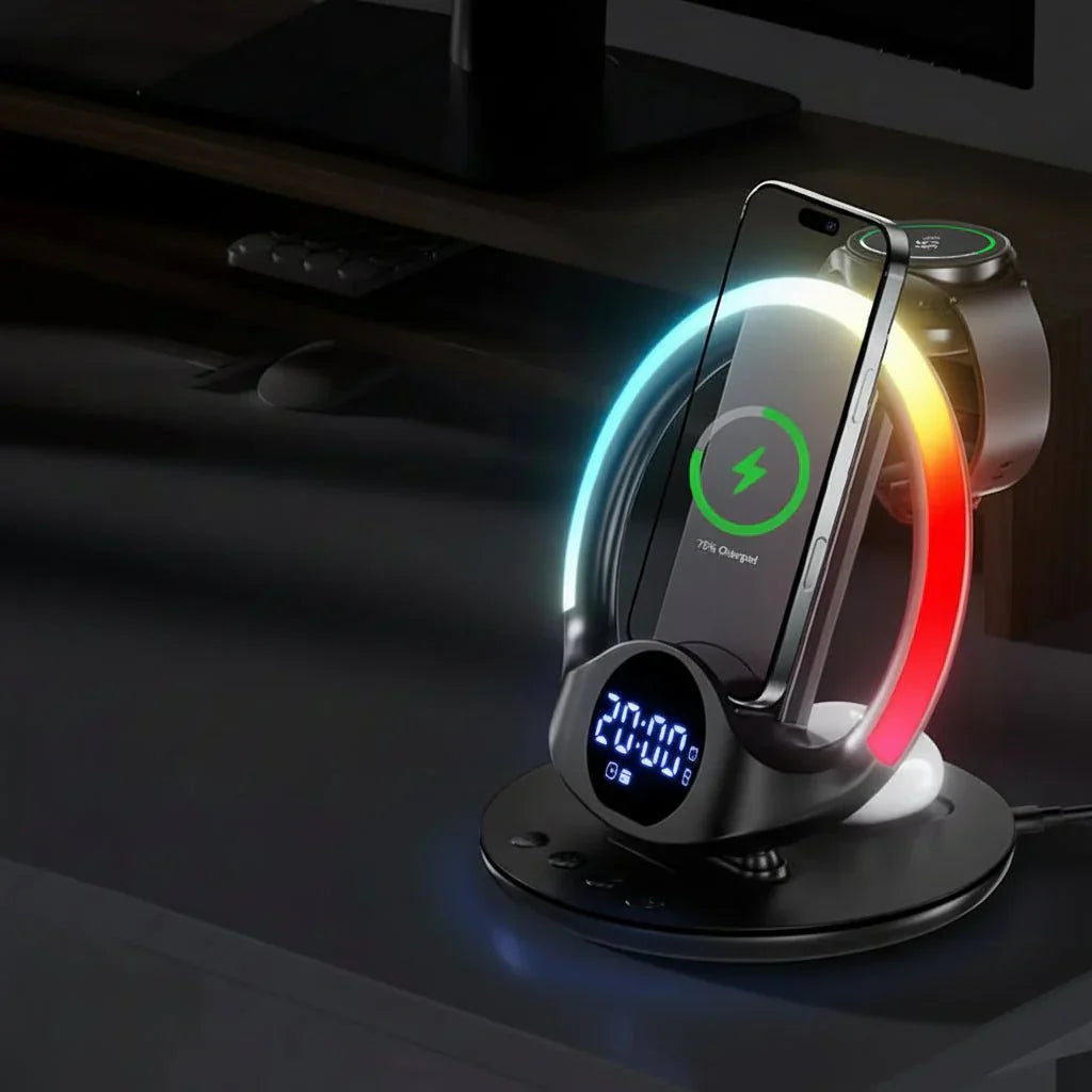 תחנת טעינה PowerHub 6 ב-1 עם תאורת RGB ושעון מעורר