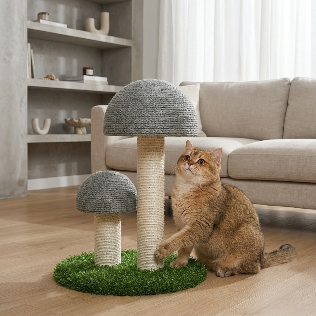 Sæt med 2 sisal katteklorestolper i svampestil med faux græsbase