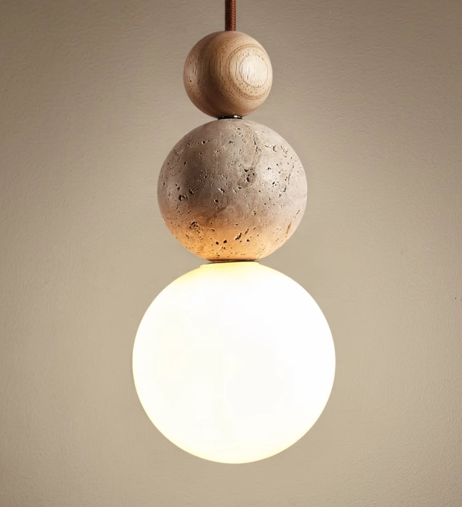 Lomera Travertine Lava Stone Pendant Light With Wood