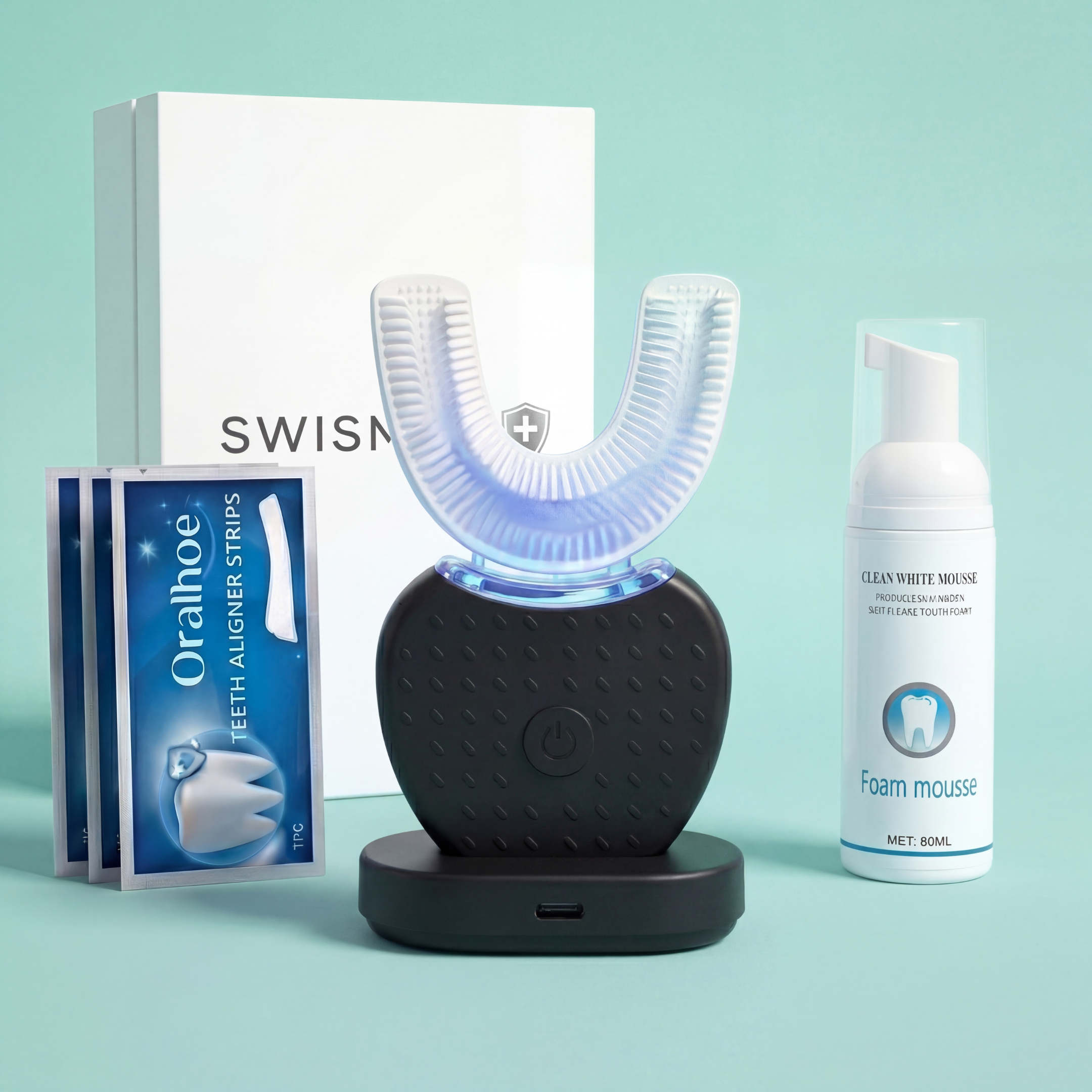 Swismile U-formet ultrasonisk elektrisk tannbørste med tannkrem og Whitestrips