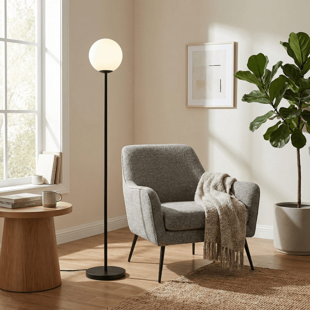Severská stojací lampa Globe s kovovou základnou a matným skleněným stínidlem, výška 60 palců