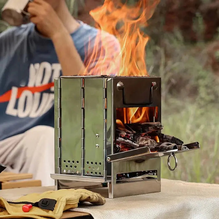 Kompaktní skládací dřevěný sporák z nerezové oceli pro kempování a turistiku
