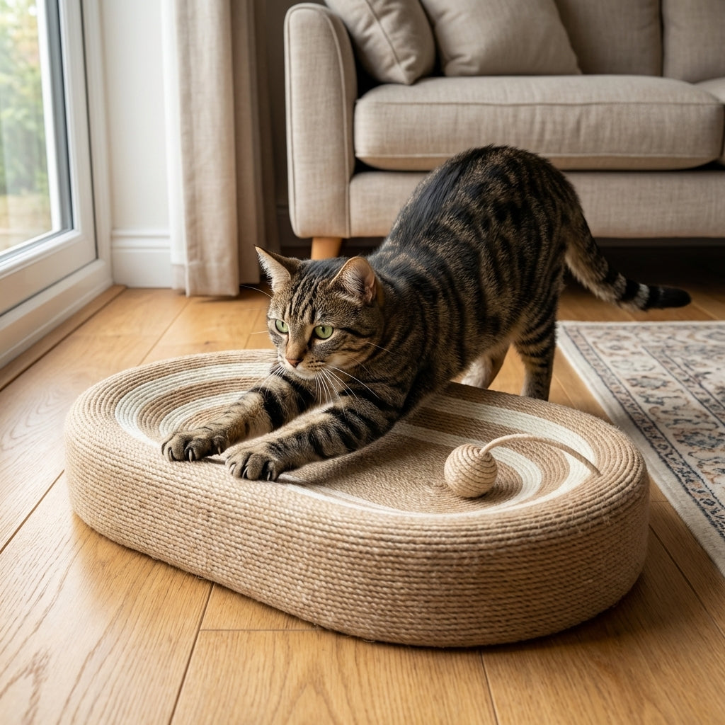 Oval katte-sisal kradsebræt, fladt eller vægmonteret, inkl. legetøjsbold