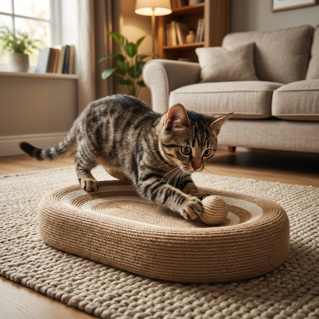 Oval katte-sisal kradsebræt, fladt eller vægmonteret, inkl. legetøjsbold