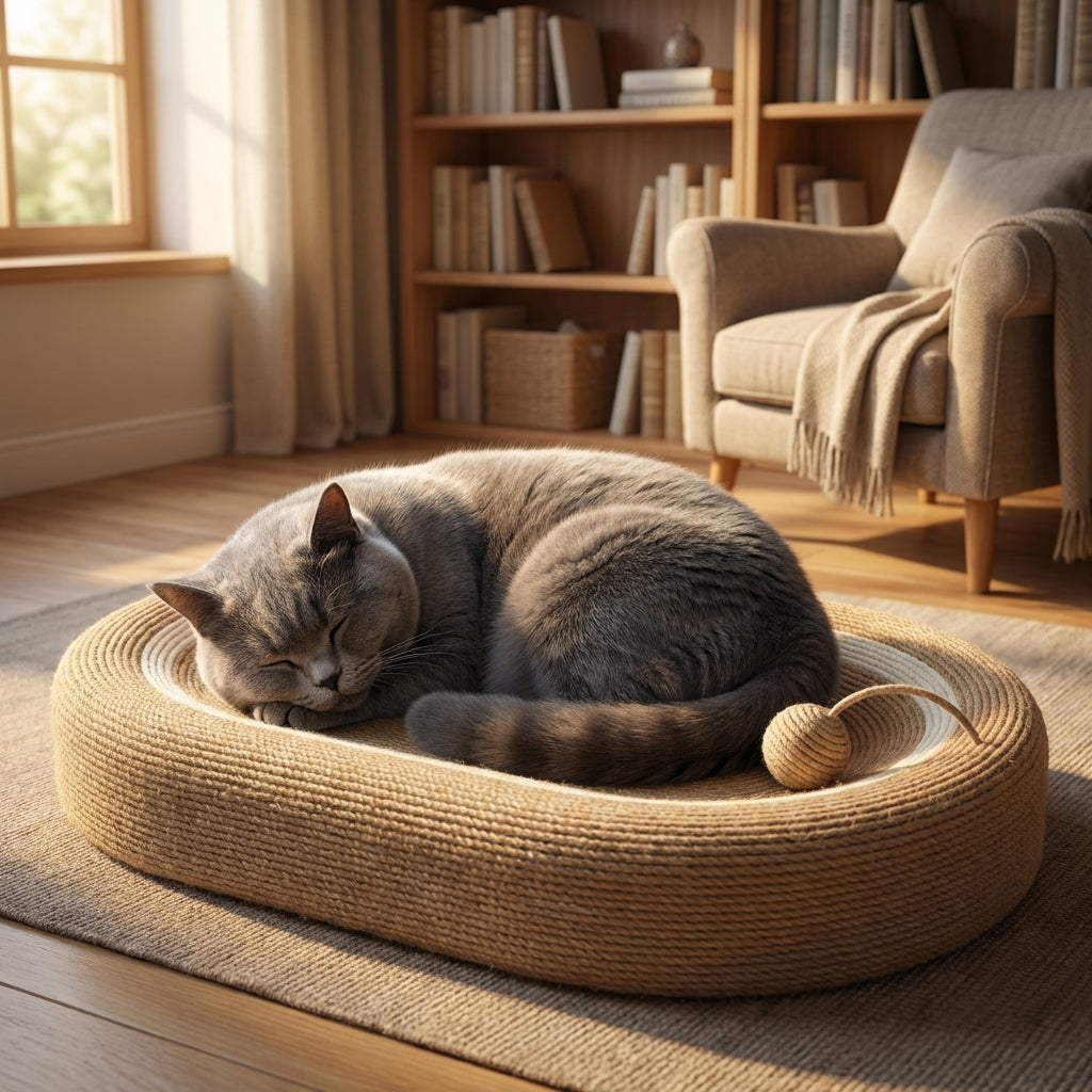 Oval katte-sisal kradsebræt, fladt eller vægmonteret, inkl. legetøjsbold
