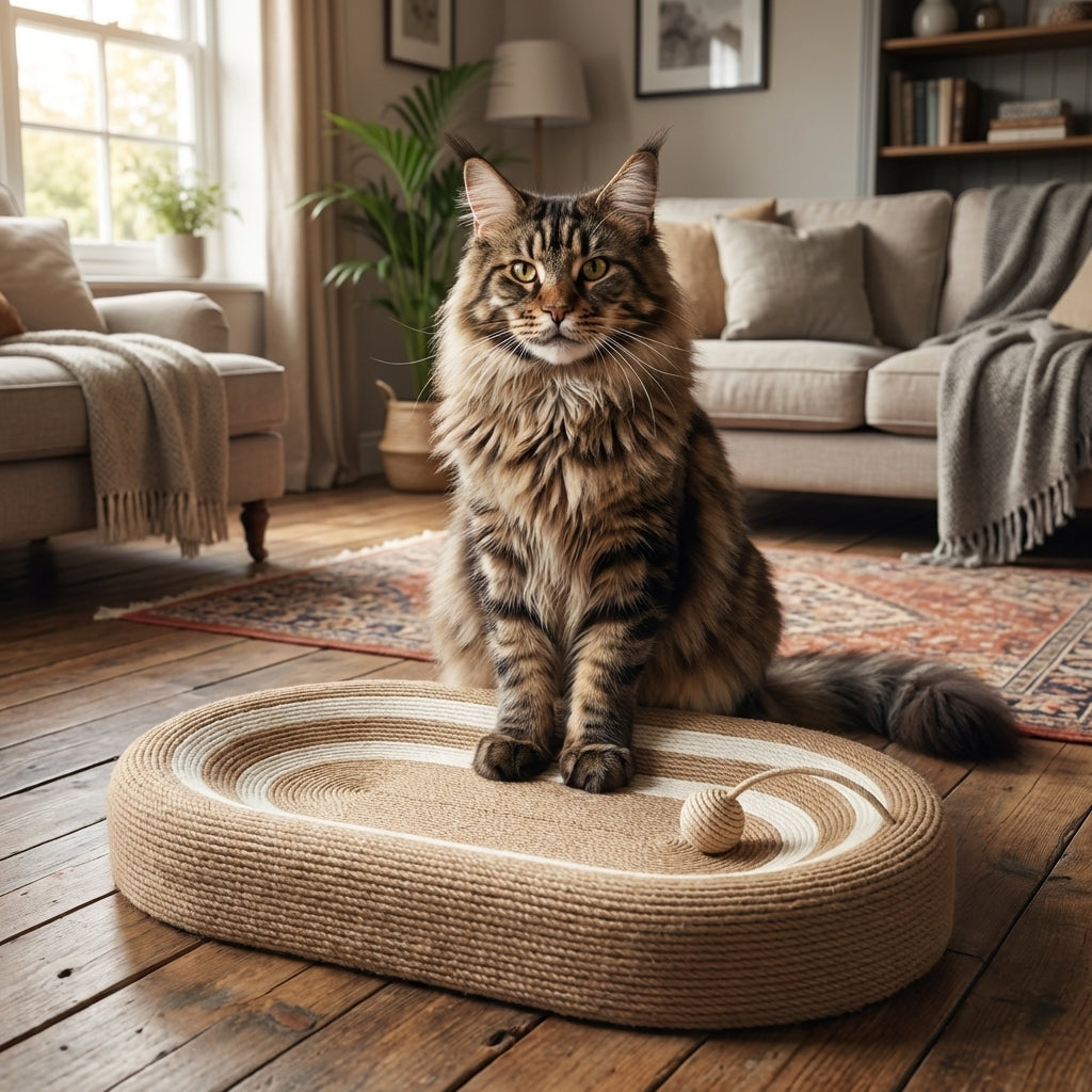 Oval katte-sisal kradsebræt, fladt eller vægmonteret, inkl. legetøjsbold