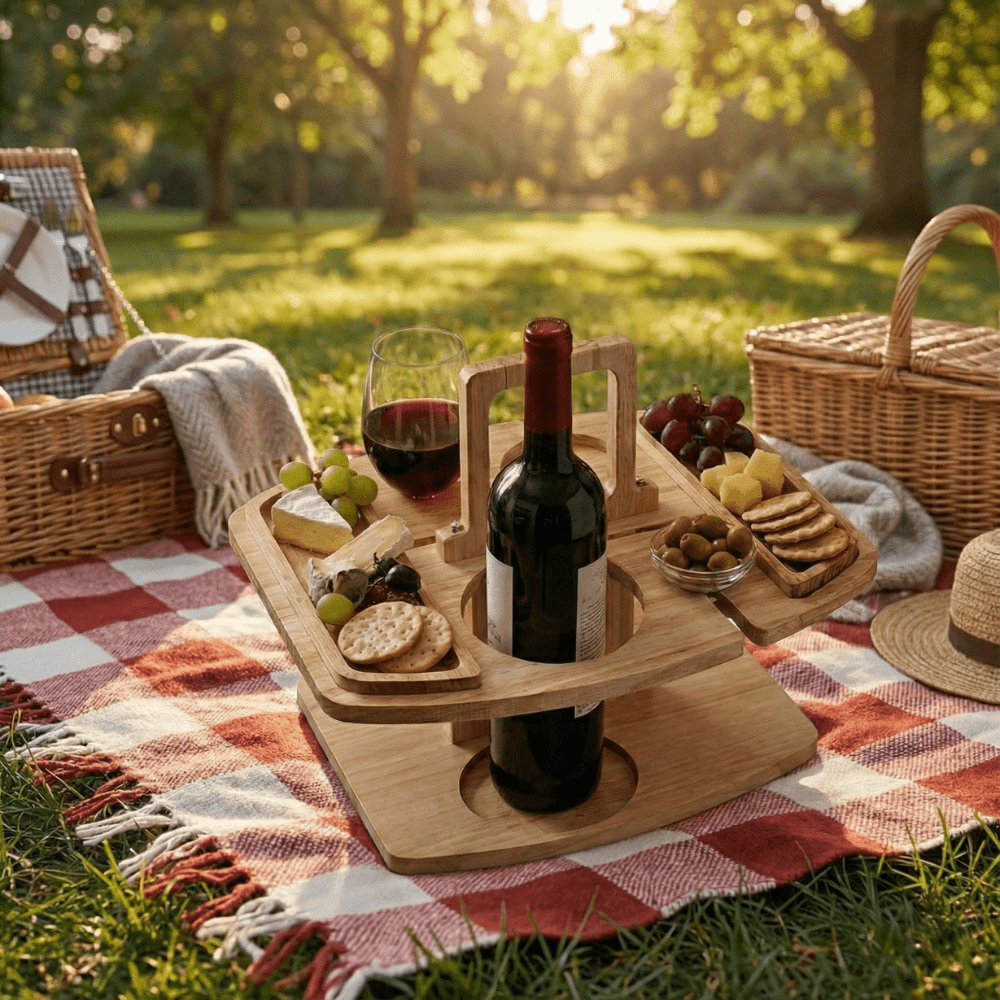 Heritage Grove Wooden Picnic Table With Divided Compartments For Wine And Food