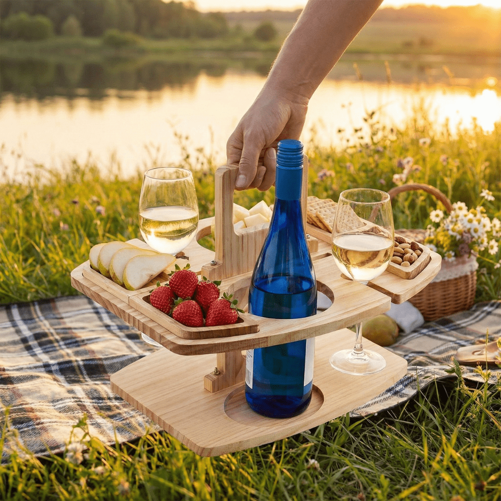 Heritage Grove Wooden Picnic Table With Divided Compartments For Wine And Food