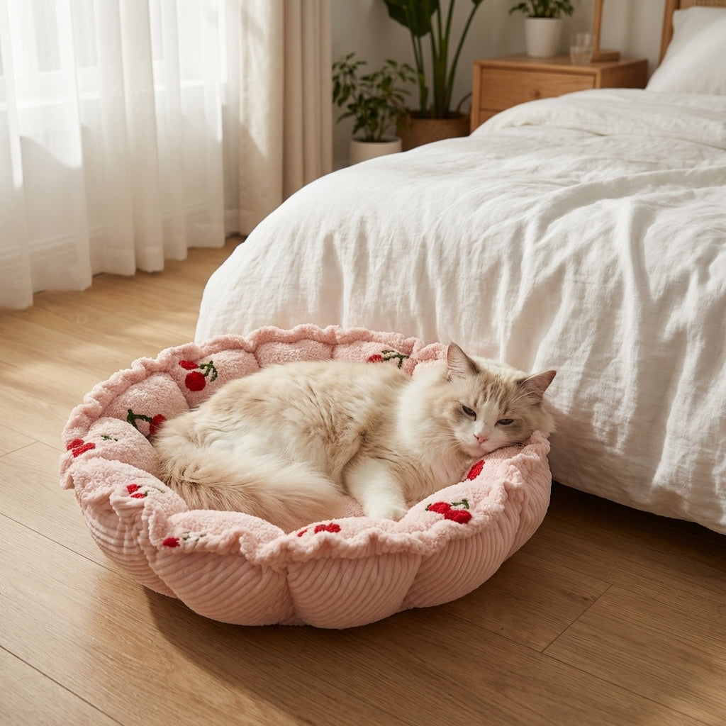 Łóżko dla kota w kształcie płatka z weluru Cherry Print Cloudy, regulowane, rozmiary S i M