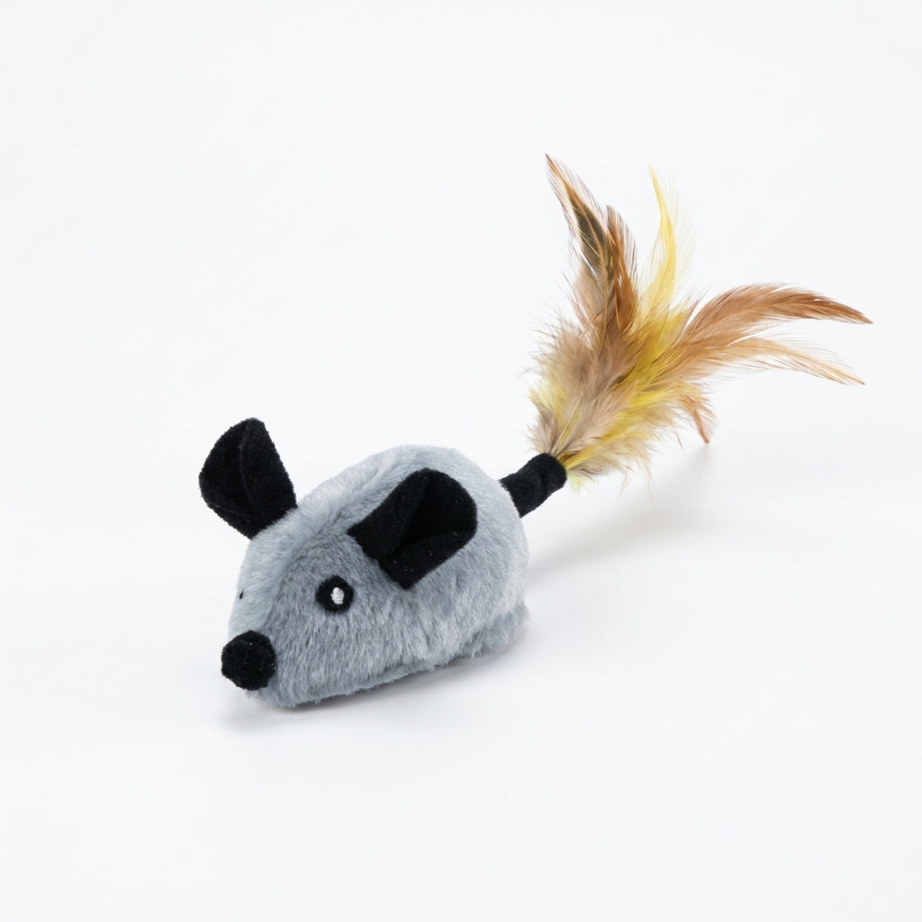 Battery-Operated Plush Mouse With Feather Tail Grey And Orange