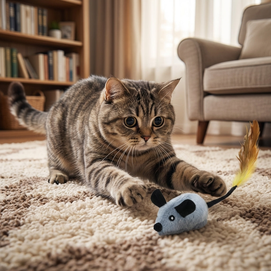 Battery-Operated Plush Mouse With Feather Tail Grey And Orange