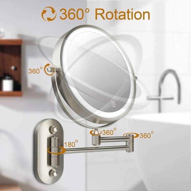 Miroir de maquillage et de salle de bain rechargeable à LED avec loupe, finition argent mat