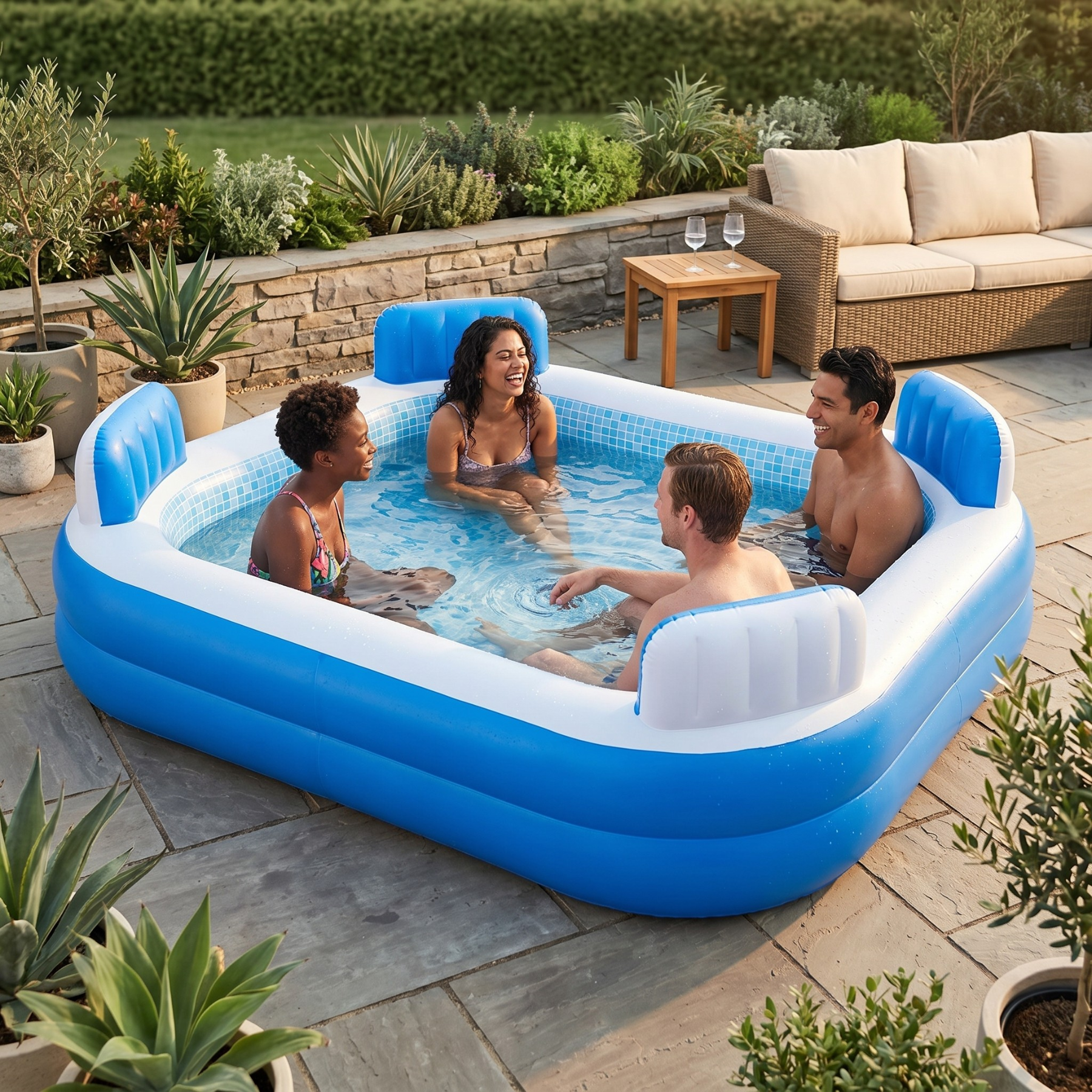 Compagnien Family Sized Inflatable Pool With Cushioned Seats And Cover